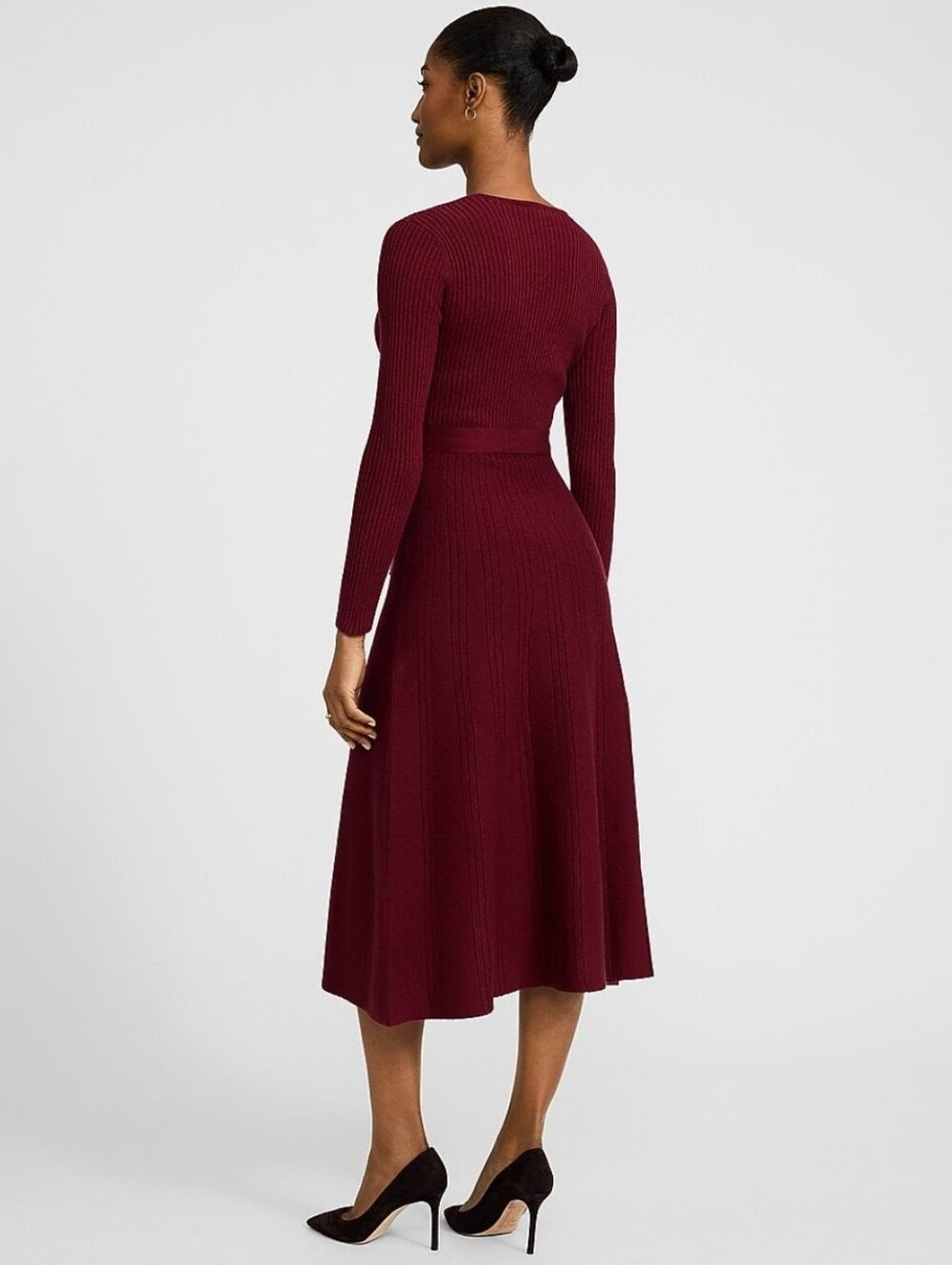 Express Sweater Dress Midi Burgundy Ribbed Mock Wrap Top Belted Size XL - Picture 2 of 6